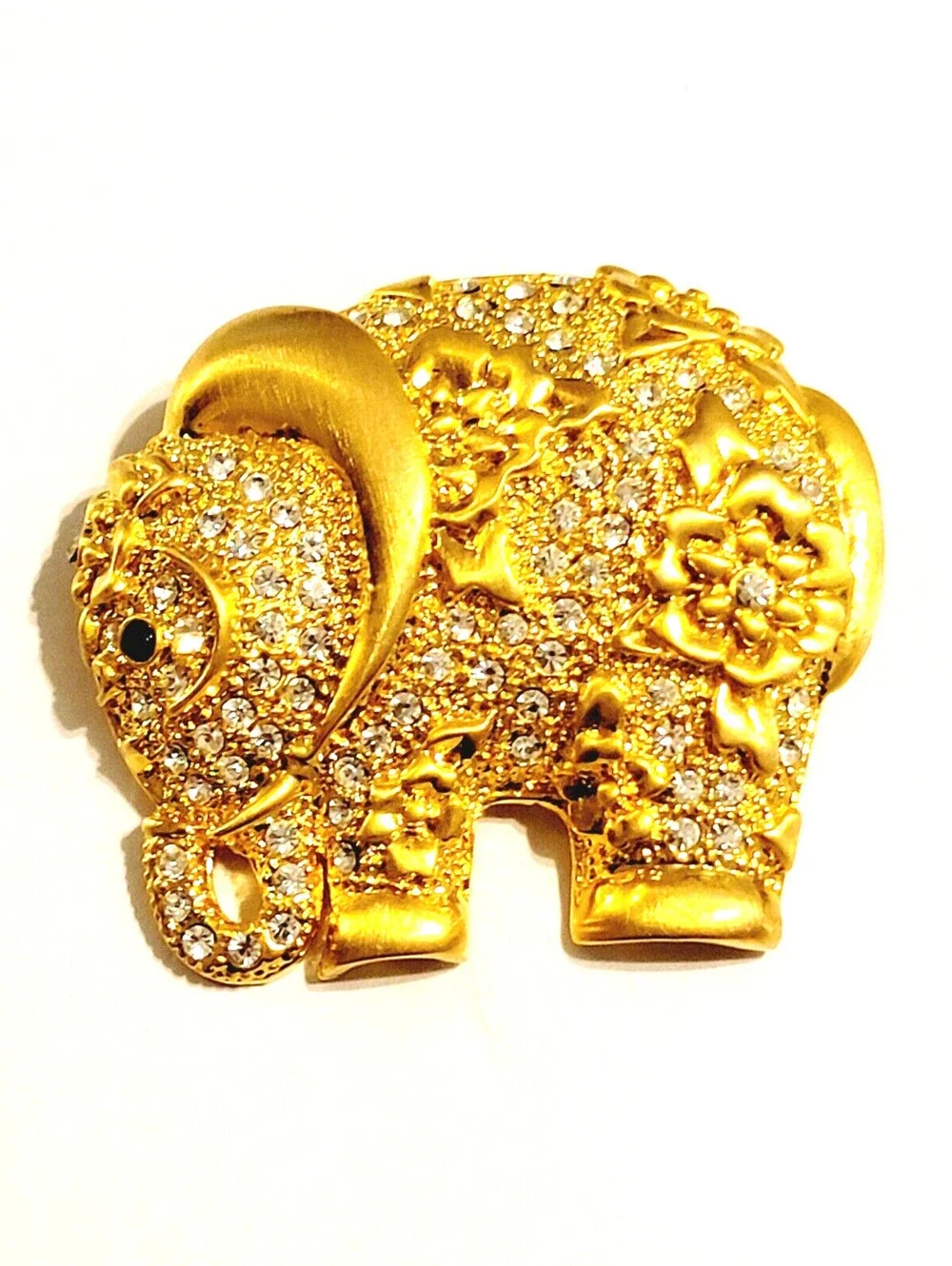 Large Rhinestone Elephant Brooch Pin, Shiny Gold-tone Animal Figural ab1-35